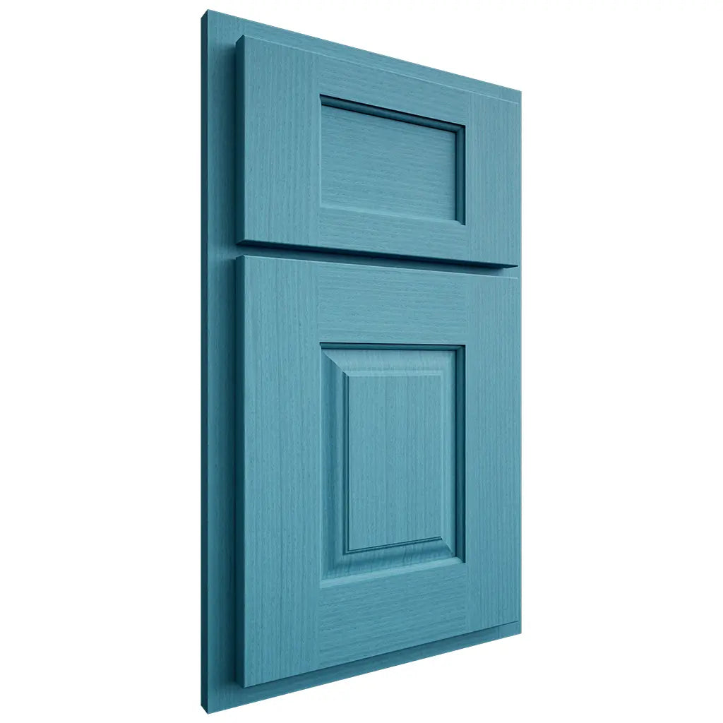 Shiloh Cabinetry Partial Overlay Summit White Oak Rift Cut Aqua Door