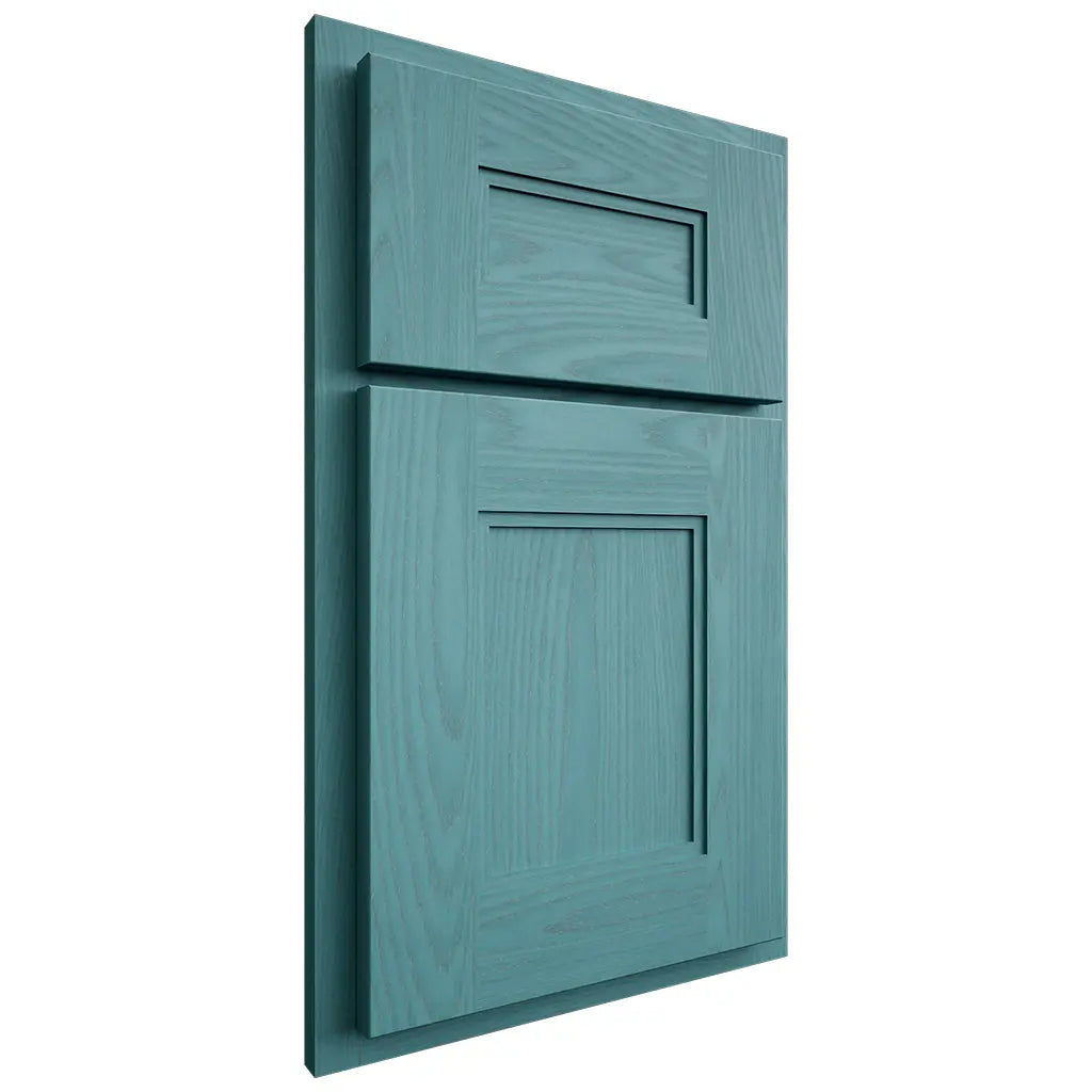 Shiloh Cabinetry Partial Overlay Tahoe Red Oak Plain Cut Aqua Door