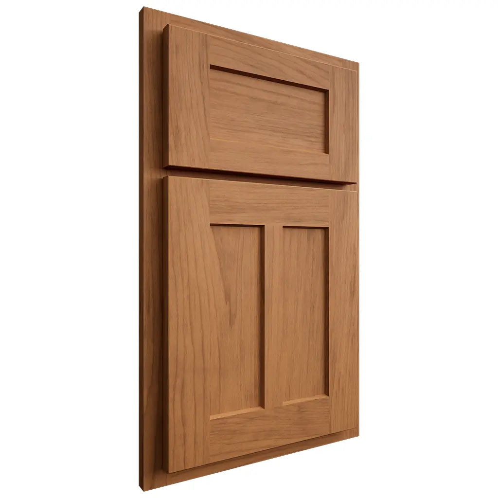 Shiloh Cabinetry Partial Overlay Wilmington Alder Plain Cut Caramel Door