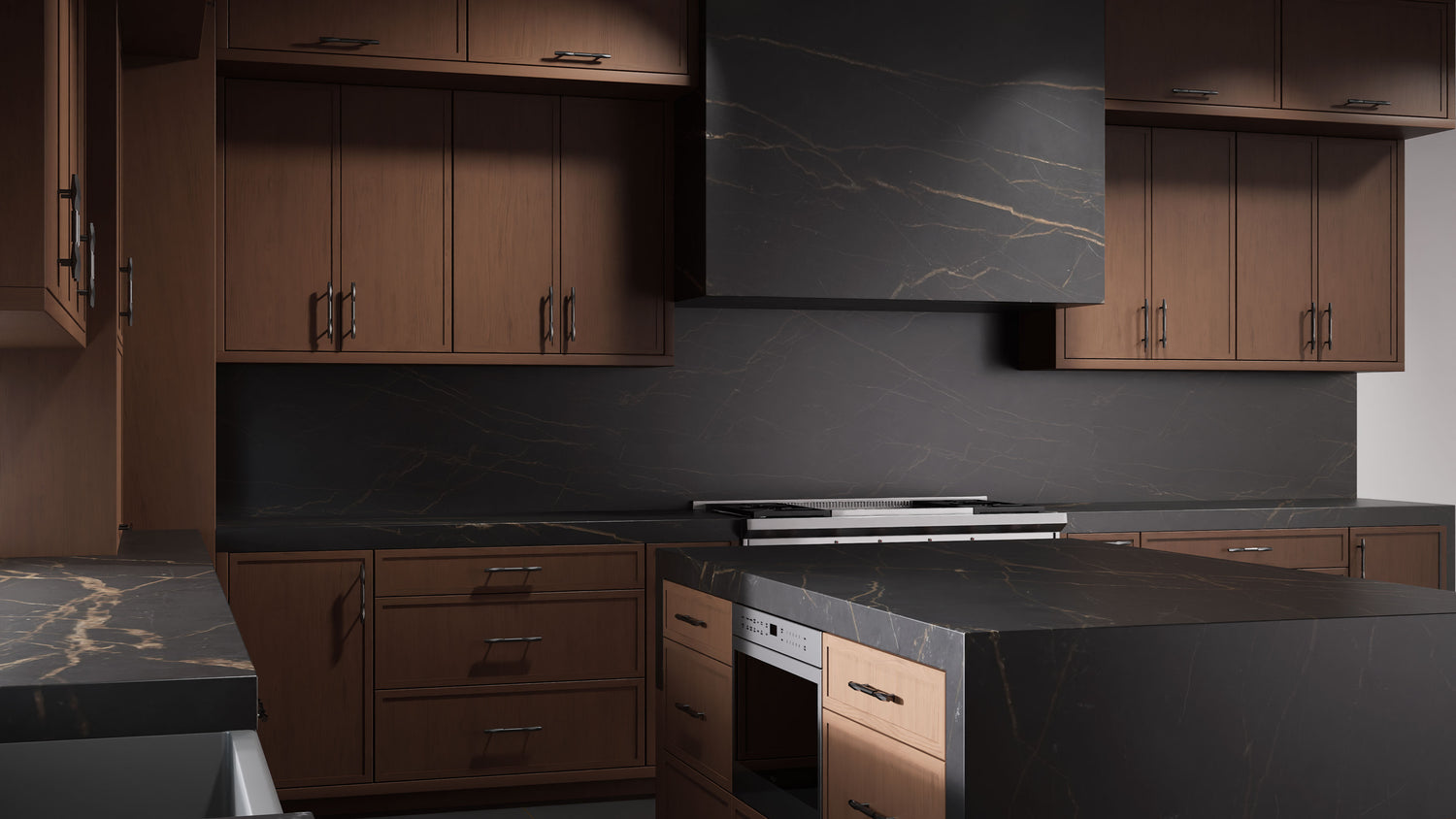 Armario de cocina Montauk Winter Wheat (cereza, corte liso, sin marco, satinado y teñido), 3 x 3 metros, ensamblado en EE. UU.