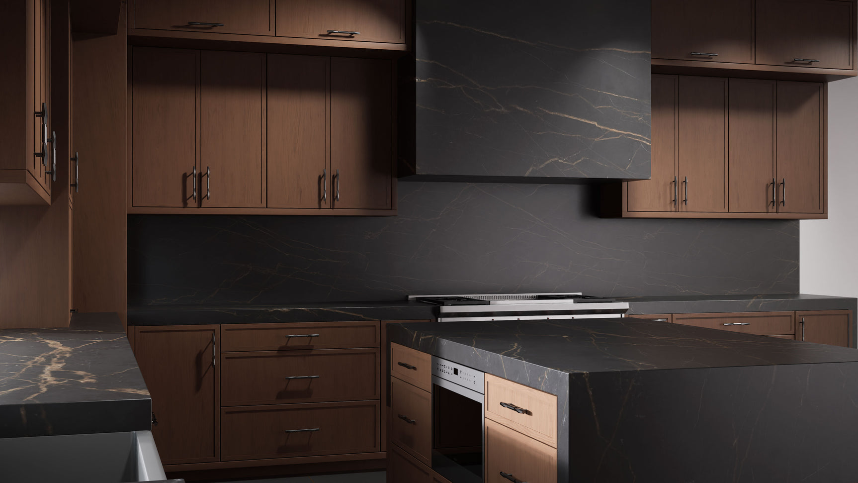 Armario de cocina Montauk Winter Wheat (cereza, corte liso, sin marco, satinado y teñido), 3 x 3 metros, ensamblado en EE. UU.