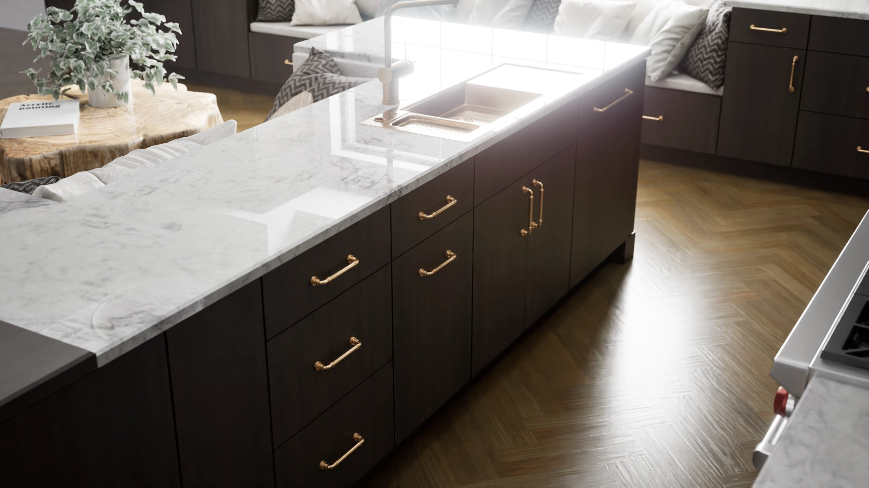 Broadway Walnut ( MDF | Compressed [ Frameless • Textured • Laminated ] - 10' X 10' Kitchen Cabinet ) | Assembled In USA