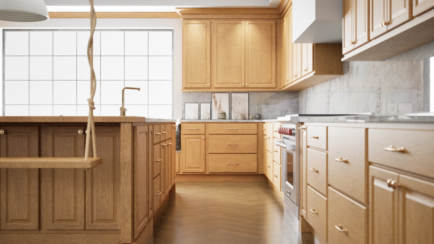 Country Oak ( Red Oak | Plain Cut [ Partial Overlay • Satin • Stained ] - 10' X 10' Kitchen Cabinet ) | Assembled In USA