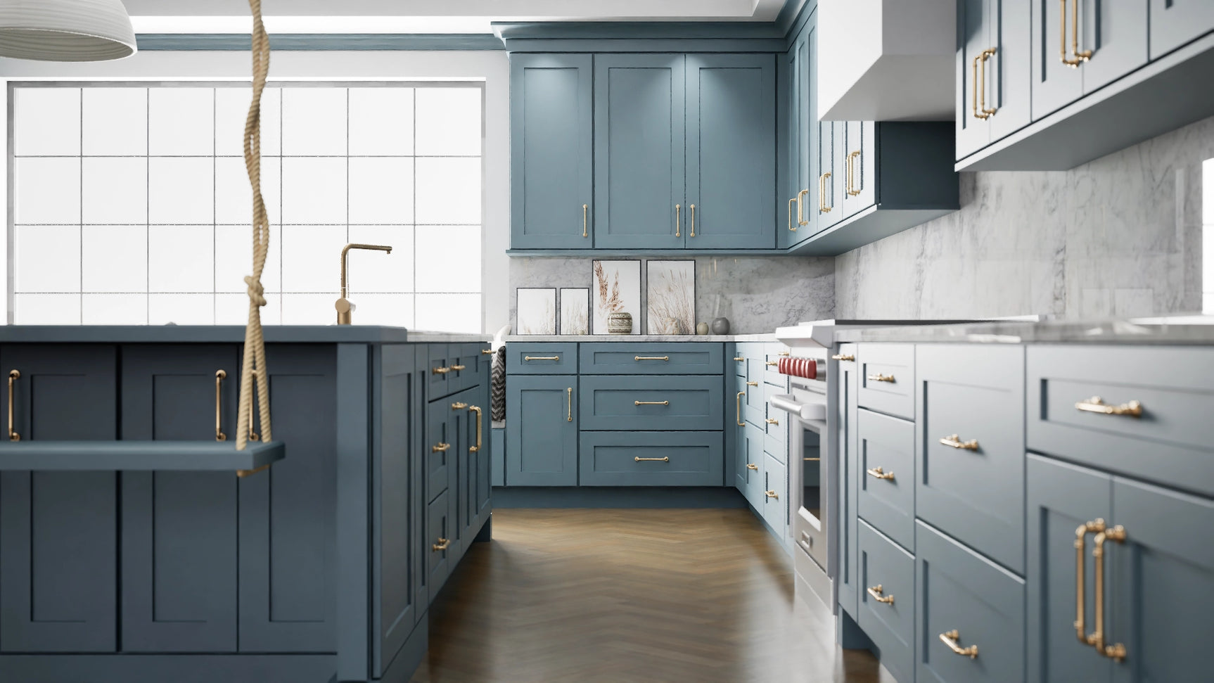 Elegant Adirondack Blue ( Maple | Plain Cut [ Full Overlay • Satin • Painted ] - 10' X 10' Kitchen Cabinet ) | Assembled In USA