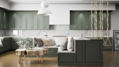 Elegant Evergreen ( Maple | Plain Cut [ Full Overlay • Satin • Painted ] - 10' X 10' Kitchen Cabinet ) | Assembled In USA