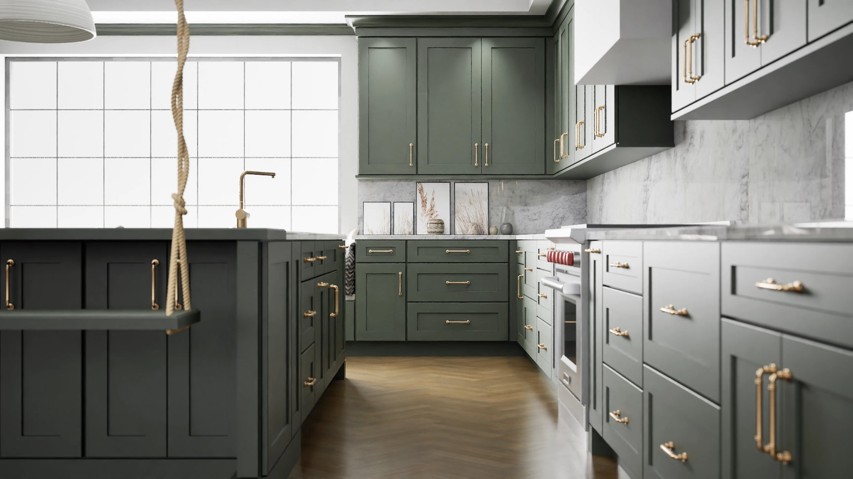 Elegant Evergreen ( Maple | Plain Cut [ Full Overlay • Satin • Painted ] - 10' X 10' Kitchen Cabinet ) | Assembled In USA
