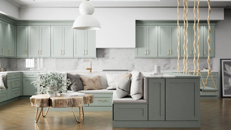 Elegant Sage ( Maple | Plain Cut [ Full Overlay • Satin • Painted ] - 10' X 10' Kitchen Cabinet ) | Assembled In USA