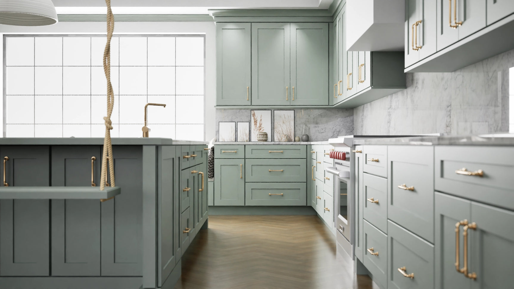 Elegant Sage ( Maple | Plain Cut [ Full Overlay • Satin • Painted ] - 10' X 10' Kitchen Cabinet ) | Assembled In USA