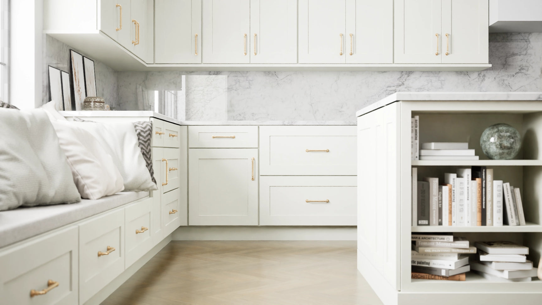Elegant Sleek White ( Maple | Plain Cut [ Full Overlay • Satin • Painted ] - 10' X 10' Kitchen Cabinet ) | Assembled In USA