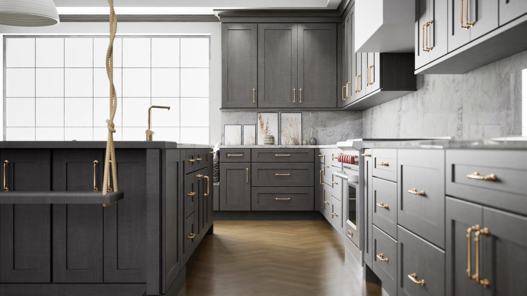 Elegant Smoky Grey ( Maple | Plain Cut [ Full Overlay • Satin • Stained ] - 10' X 10' Kitchen Cabinet ) | Assembled In USA