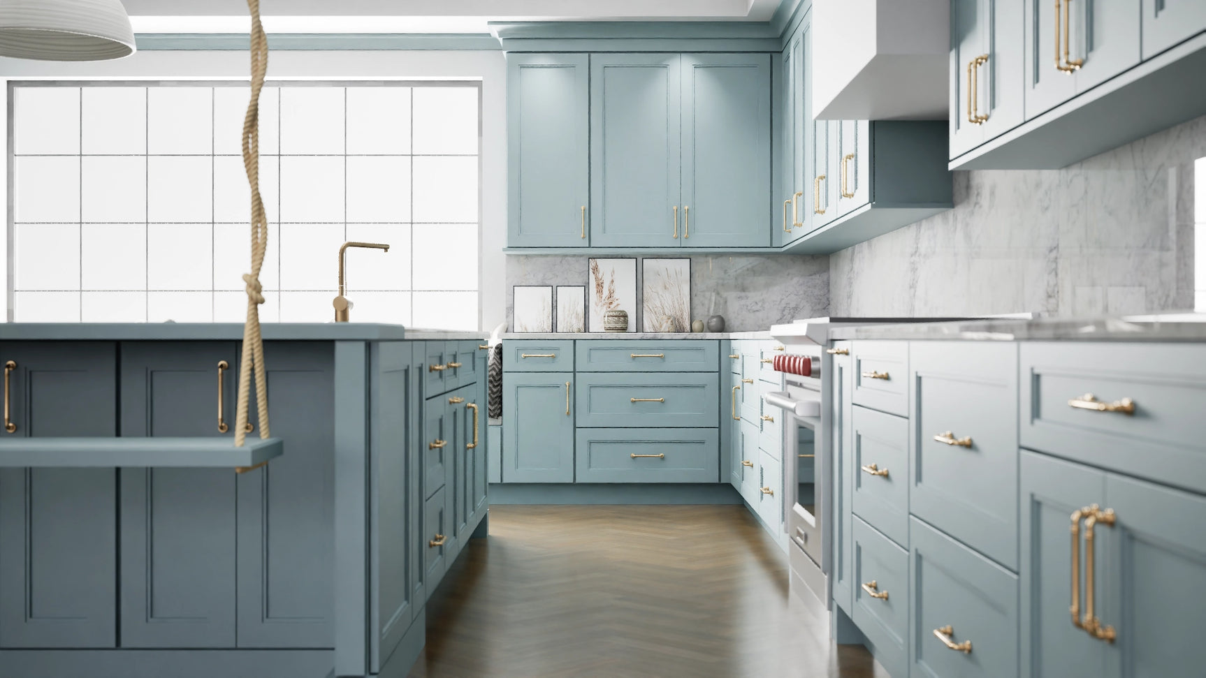 Fashion Mountain Stream ( Maple | Plain Cut [ Full Overlay • Satin • Painted ] - 10' X 10' Kitchen Cabinet ) | Assembled In USA