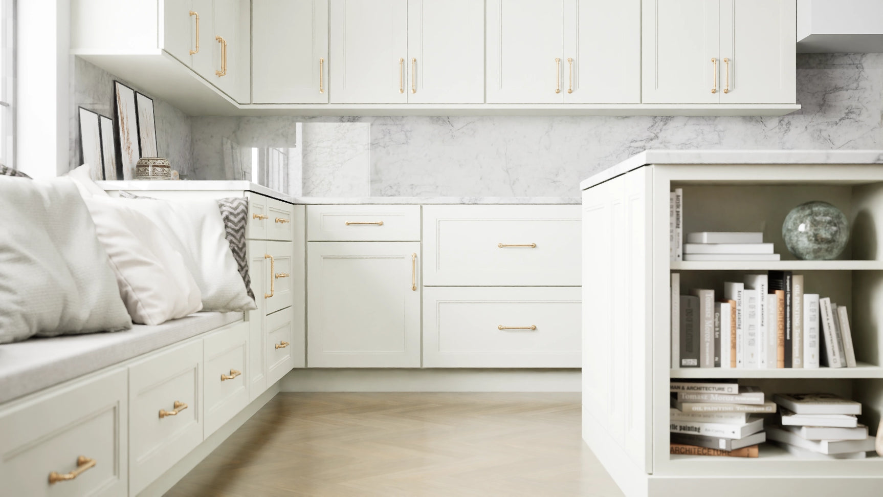 Fashion Sleek White ( Maple | Plain Cut [ Full Overlay • Satin • Painted ] - 10' X 10' Kitchen Cabinet ) | Assembled In USA