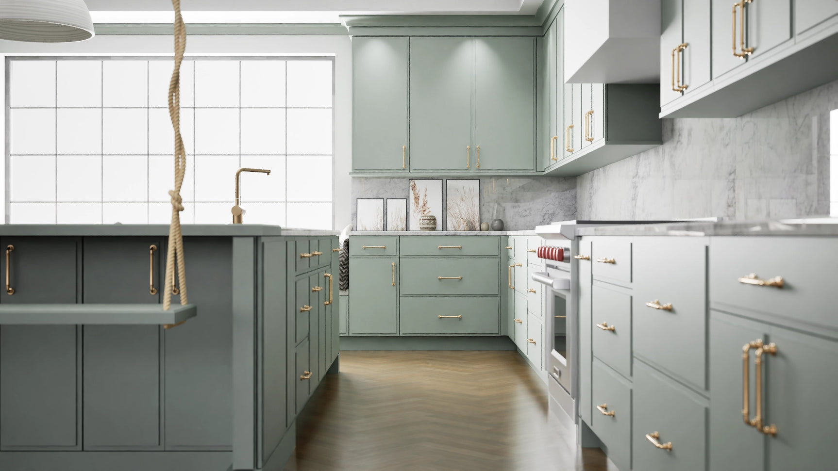 Highland Sage ( MDF | Compressed [ Frameless • Satin • Painted ] - 10' X 10' Kitchen Cabinet ) | Assembled In USA