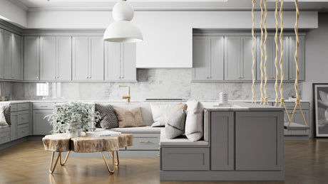 Luxor Misty Grey ( Maple | Plain Cut [ Partial Overlay • Satin • Painted ] - 10' X 10' Kitchen Cabinet ) | Assembled In USA