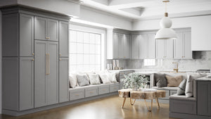 Luxor Misty Grey ( Maple | Plain Cut [ Partial Overlay • Satin • Painted ] - 10' X 10' Kitchen Cabinet ) | Assembled In USA