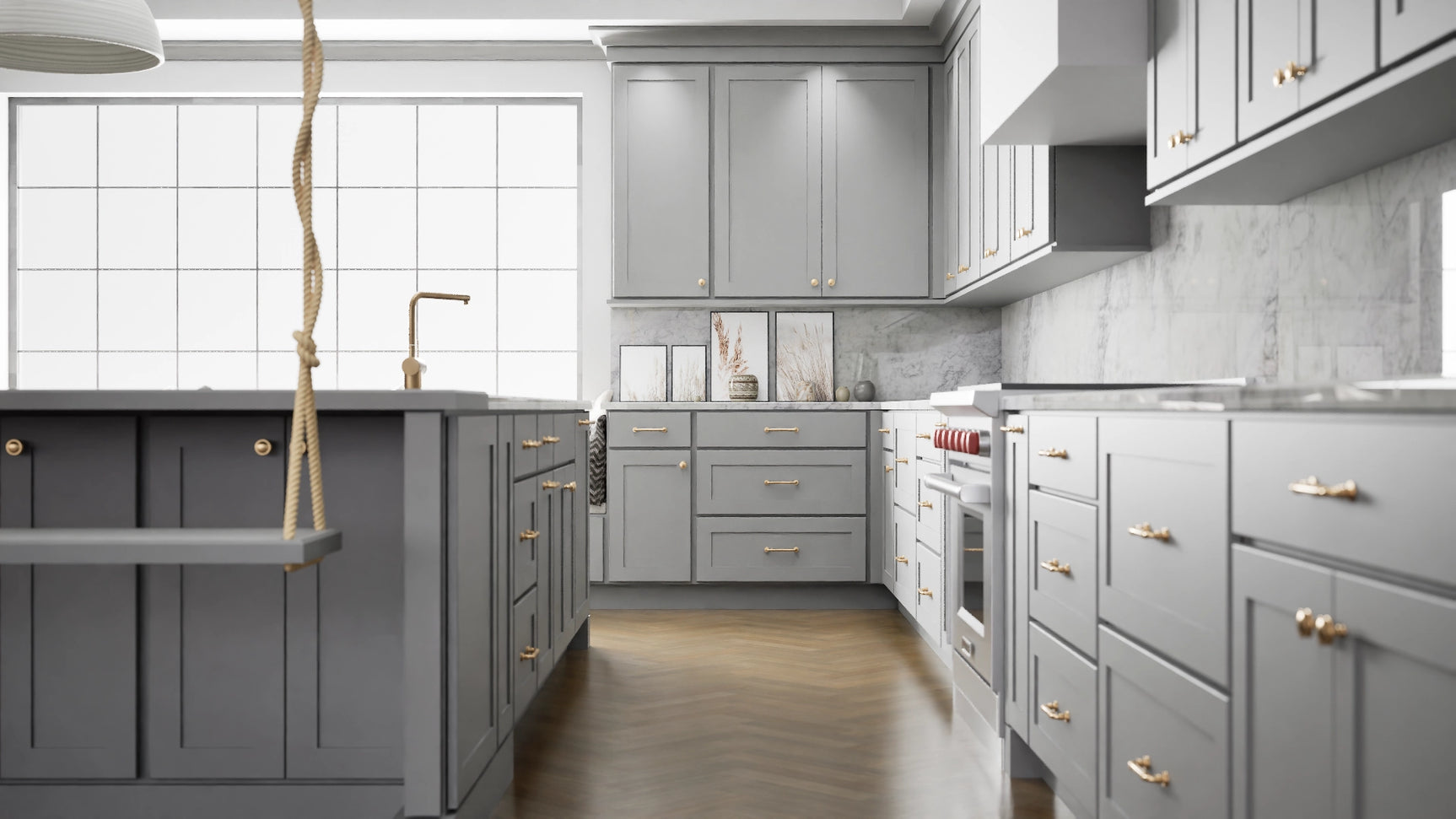 Luxor Misty Grey ( Maple | Plain Cut [ Partial Overlay • Satin • Painted ] - 10' X 10' Kitchen Cabinet ) | Assembled In USA