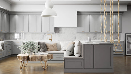Luxor5P Misty Grey ( Maple | Plain Cut [ Partial Overlay • Satin • Painted ] - 10' X 10' Kitchen Cabinet ) | Assembled In USA