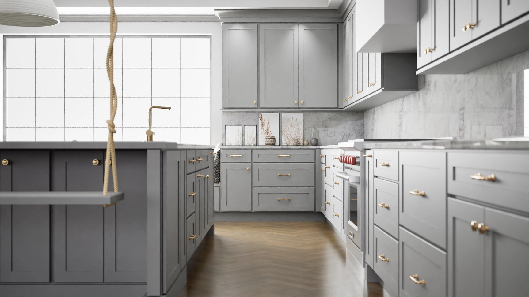 Luxor5P Misty Grey ( Maple | Plain Cut [ Partial Overlay • Satin • Painted ] - 10' X 10' Kitchen Cabinet ) | Assembled In USA
