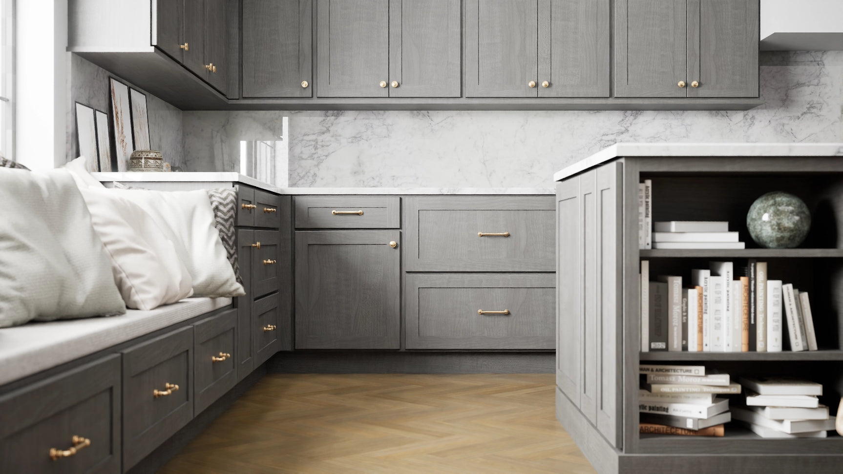 Luxor5P Smoky Grey ( Maple | Plain Cut [ Partial Overlay • Satin • Stained ] - 10' X 10' Kitchen Cabinet ) | Assembled In USA