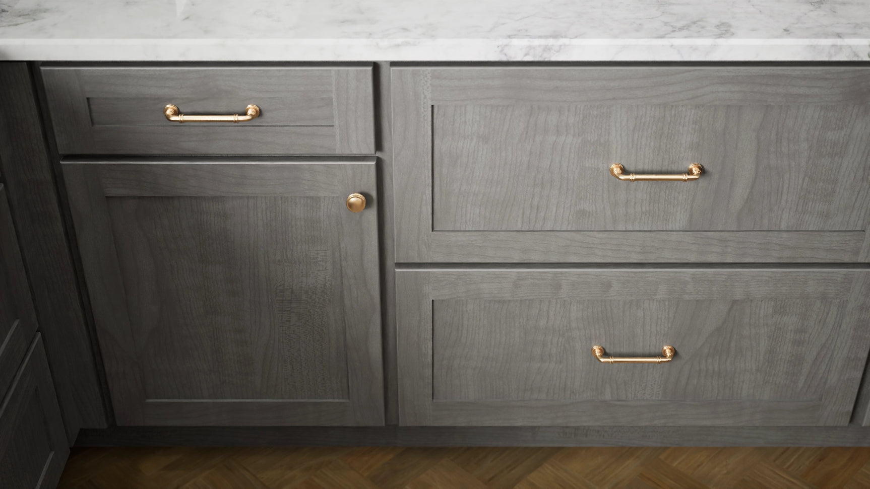 Luxor5P Smoky Grey ( Maple | Plain Cut [ Partial Overlay • Satin • Stained ] - 10' X 10' Kitchen Cabinet ) | Assembled In USA