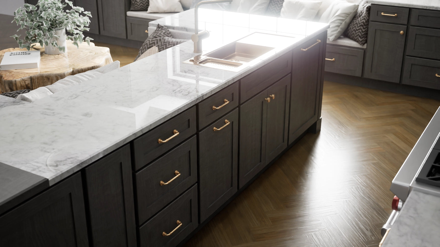 Luxor5P Smoky Grey ( Maple | Plain Cut [ Partial Overlay • Satin • Stained ] - 10' X 10' Kitchen Cabinet ) | Assembled In USA