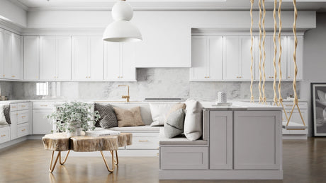 Luxor5P White ( Maple | Plain Cut [ Partial Overlay • Satin • Painted ] - 10' X 10' Kitchen Cabinet ) | Assembled In USA