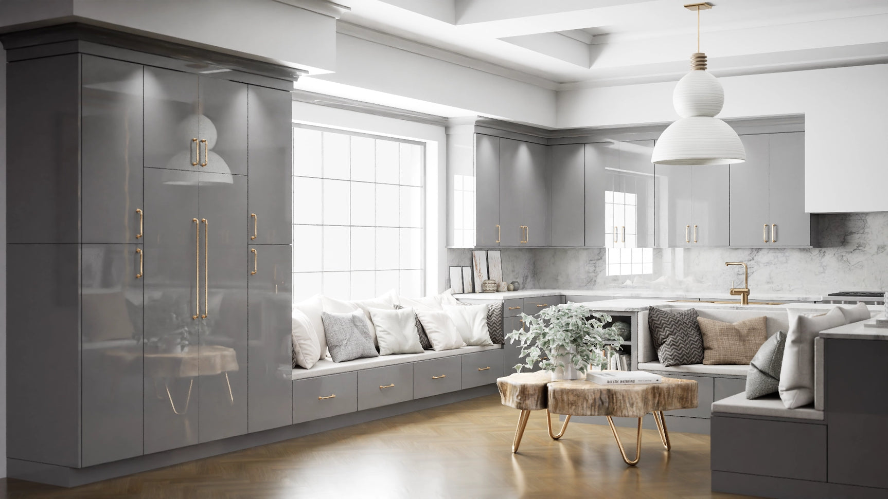 Milano Fossil Grey ( MDF | Compressed [ Frameless • Glossy • Laminated ] - 10' X 10' Kitchen Cabinet ) | Assembled In USA