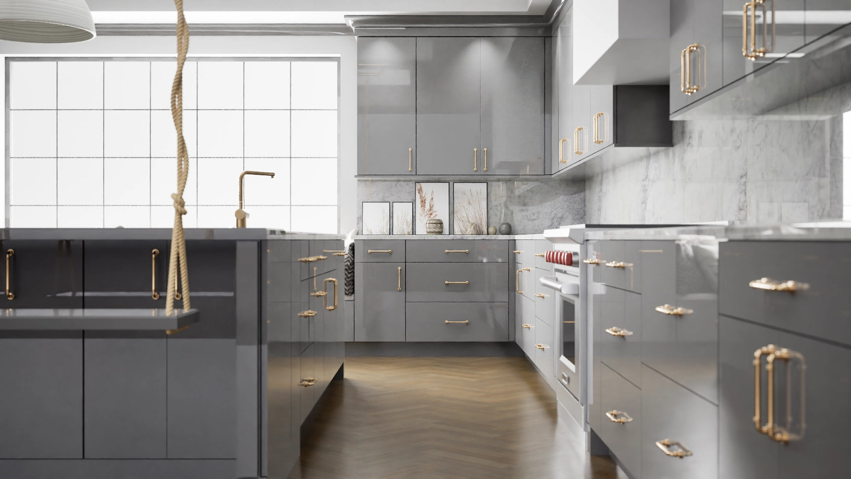 Milano Fossil Grey ( MDF | Compressed [ Frameless • Glossy • Laminated ] - 10' X 10' Kitchen Cabinet ) | Assembled In USA