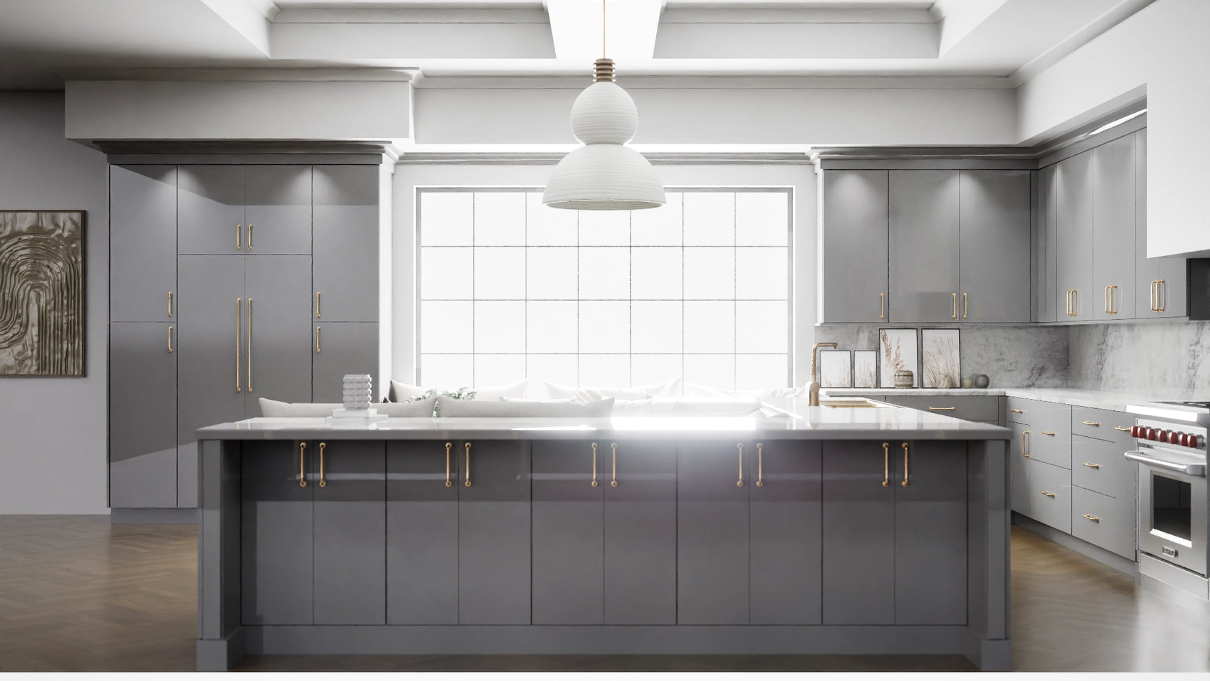 Milano Fossil Grey ( MDF | Compressed [ Frameless • Glossy • Laminated ] - 10' X 10' Kitchen Cabinet ) | Assembled In USA