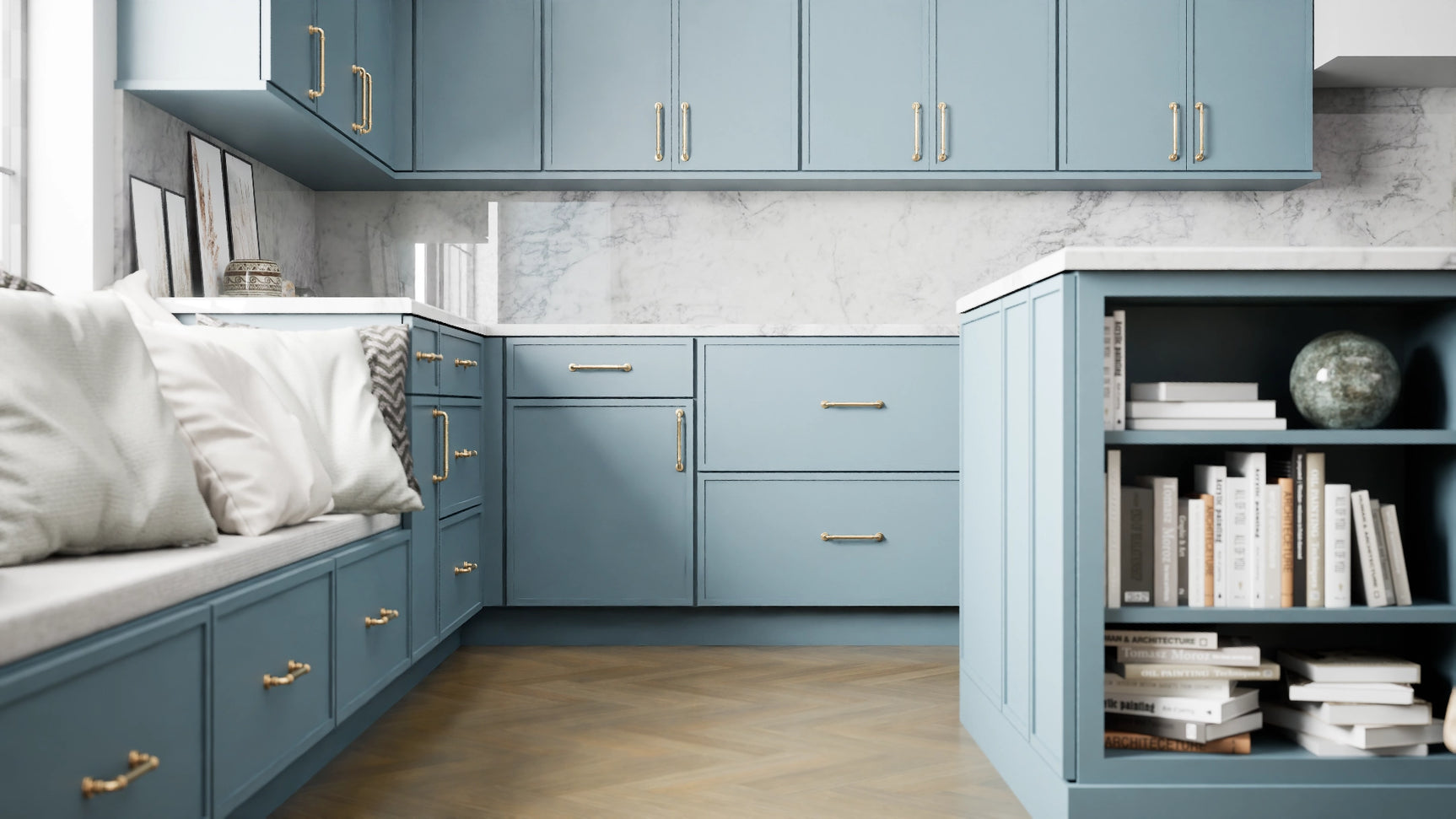 Newport Adirondack Blue ( Maple | Plain Cut [ Full Overlay • Satin • Painted ] - 10' X 10' Kitchen Cabinet ) | Assembled In USA