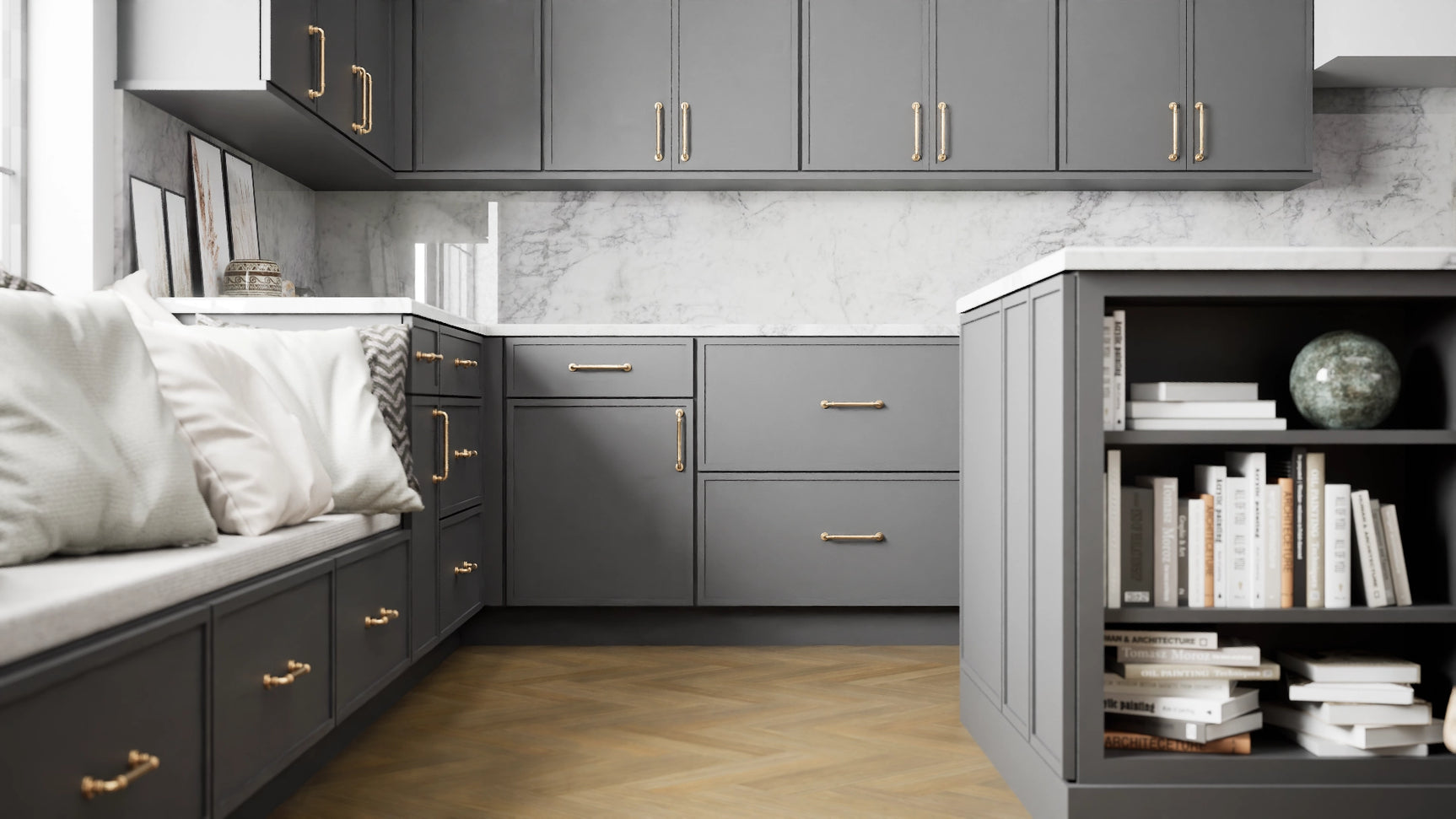 Newport Cracked Pepper ( Maple | Plain Cut [ Full Overlay • Satin • Painted ] - 10' X 10' Kitchen Cabinet ) | Assembled In USA