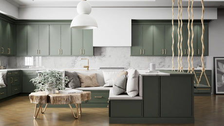 Newport Evergreen ( Maple | Plain Cut [ Full Overlay • Satin • Painted ] - 10' X 10' Kitchen Cabinet ) | Assembled In USA