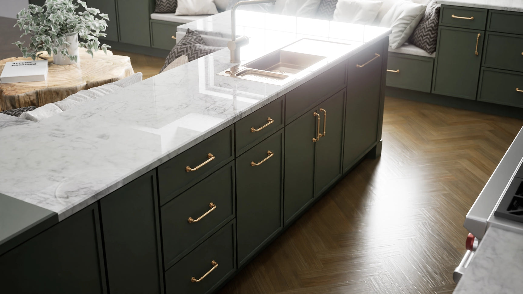 Newport Evergreen ( Maple | Plain Cut [ Full Overlay • Satin • Painted ] - 10' X 10' Kitchen Cabinet ) | Assembled In USA