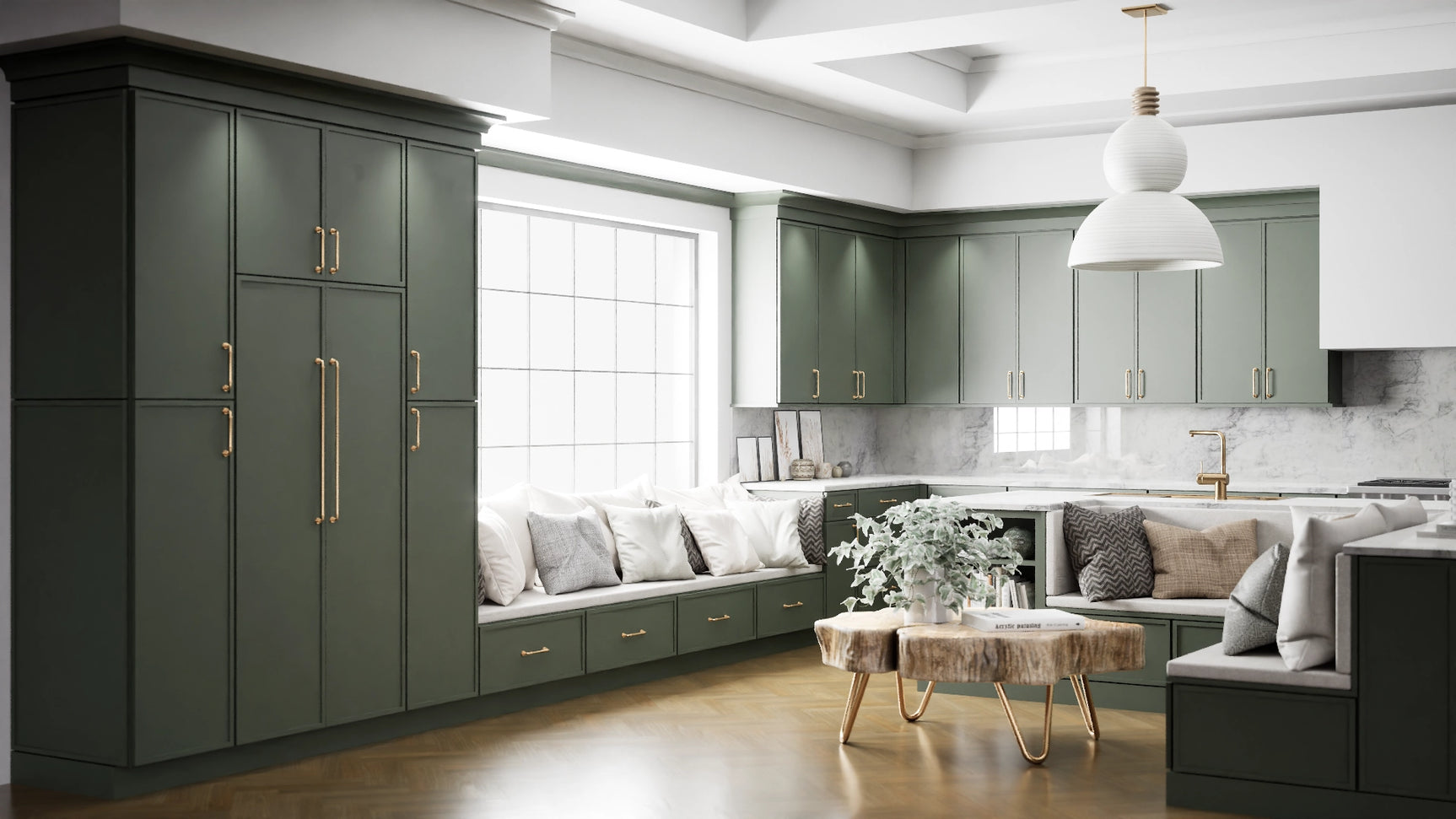 Newport Evergreen ( Maple | Plain Cut [ Full Overlay • Satin • Painted ] - 10' X 10' Kitchen Cabinet ) | Assembled In USA