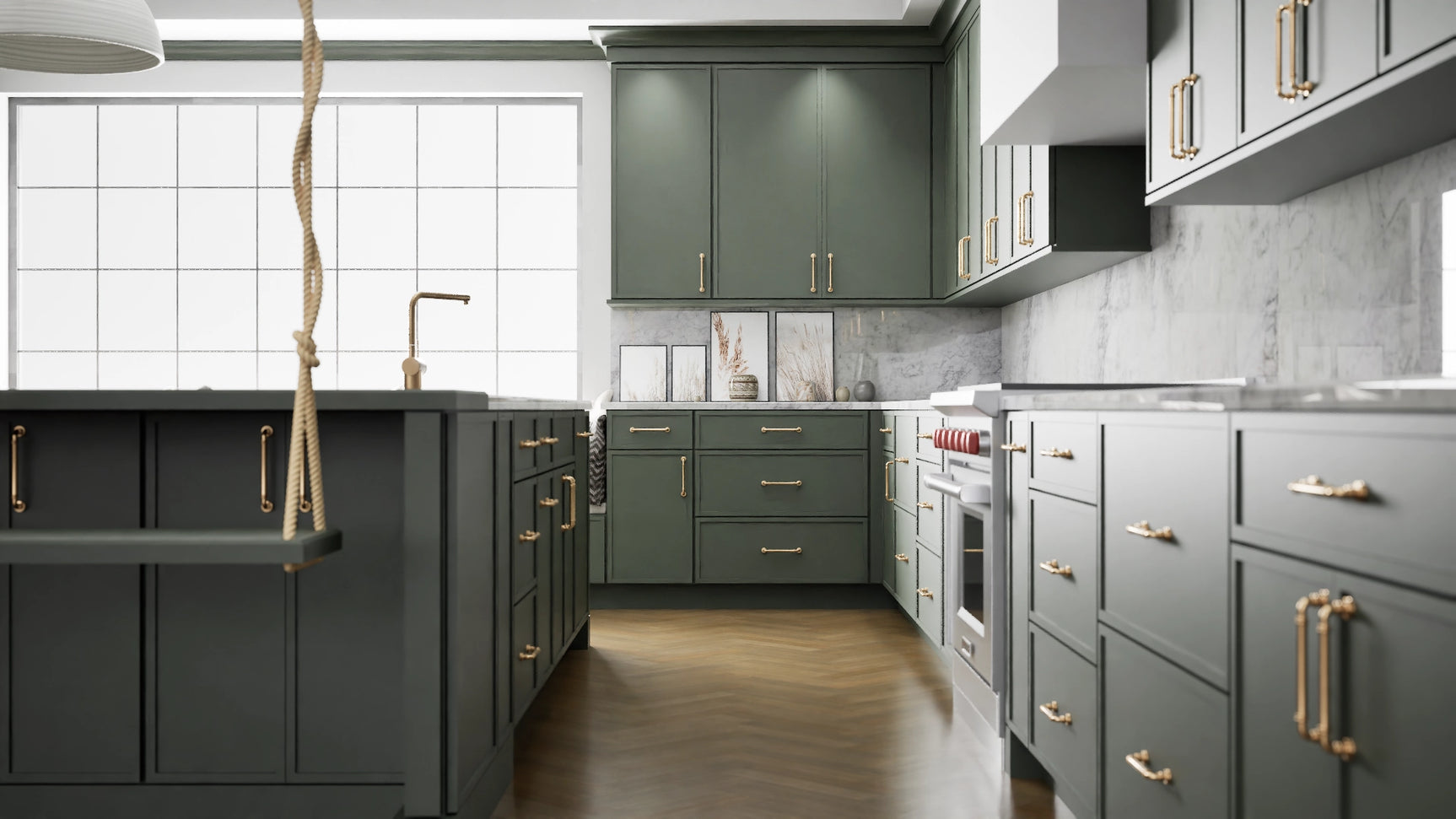 Newport Evergreen ( Maple | Plain Cut [ Full Overlay • Satin • Painted ] - 10' X 10' Kitchen Cabinet ) | Assembled In USA