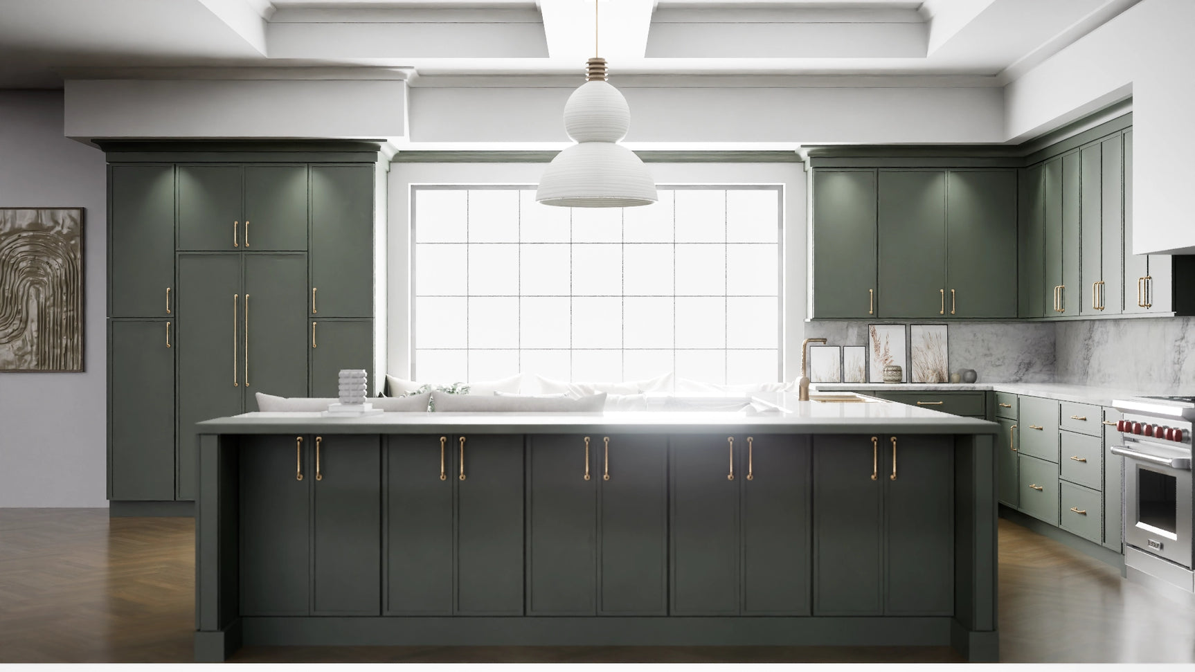 Newport Evergreen ( Maple | Plain Cut [ Full Overlay • Satin • Painted ] - 10' X 10' Kitchen Cabinet ) | Assembled In USA
