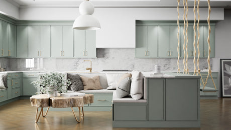 Newport Sage ( Maple | Plain Cut [ Full Overlay • Satin • Painted ] - 10' X 10' Kitchen Cabinet ) | Assembled In USA