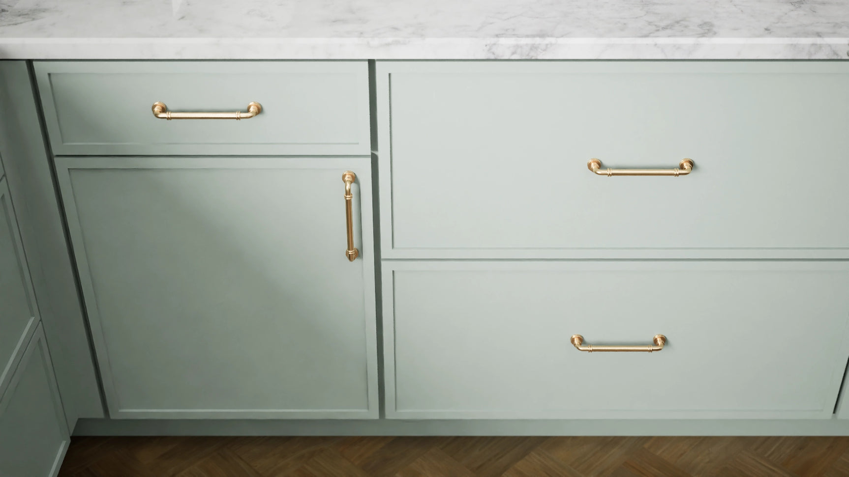 Newport Sage ( Maple | Plain Cut [ Full Overlay • Satin • Painted ] - 10' X 10' Kitchen Cabinet ) | Assembled In USA
