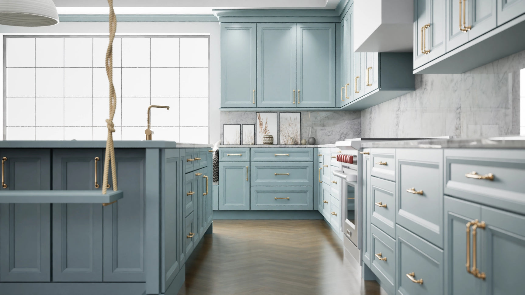 Richmond Mountain Stream ( Maple | Plain Cut [ Full Overlay • Satin • Painted ] - 10' X 10' Kitchen Cabinet ) | Assembled In USA