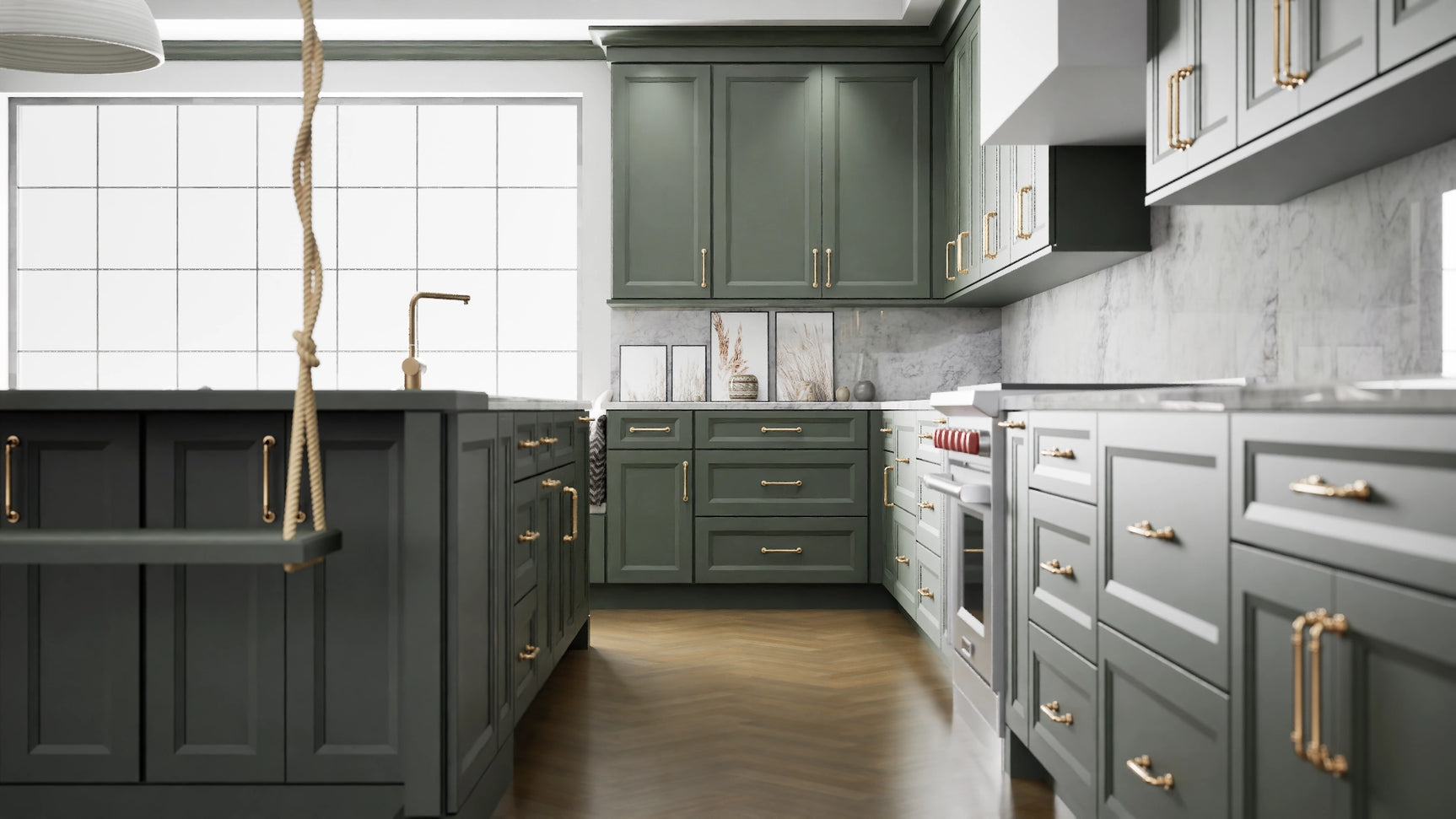 Sydney Evergreen ( Maple | Plain Cut [ Full Overlay • Satin • Painted ] - 10' X 10' Kitchen Cabinet ) | Assembled In USA