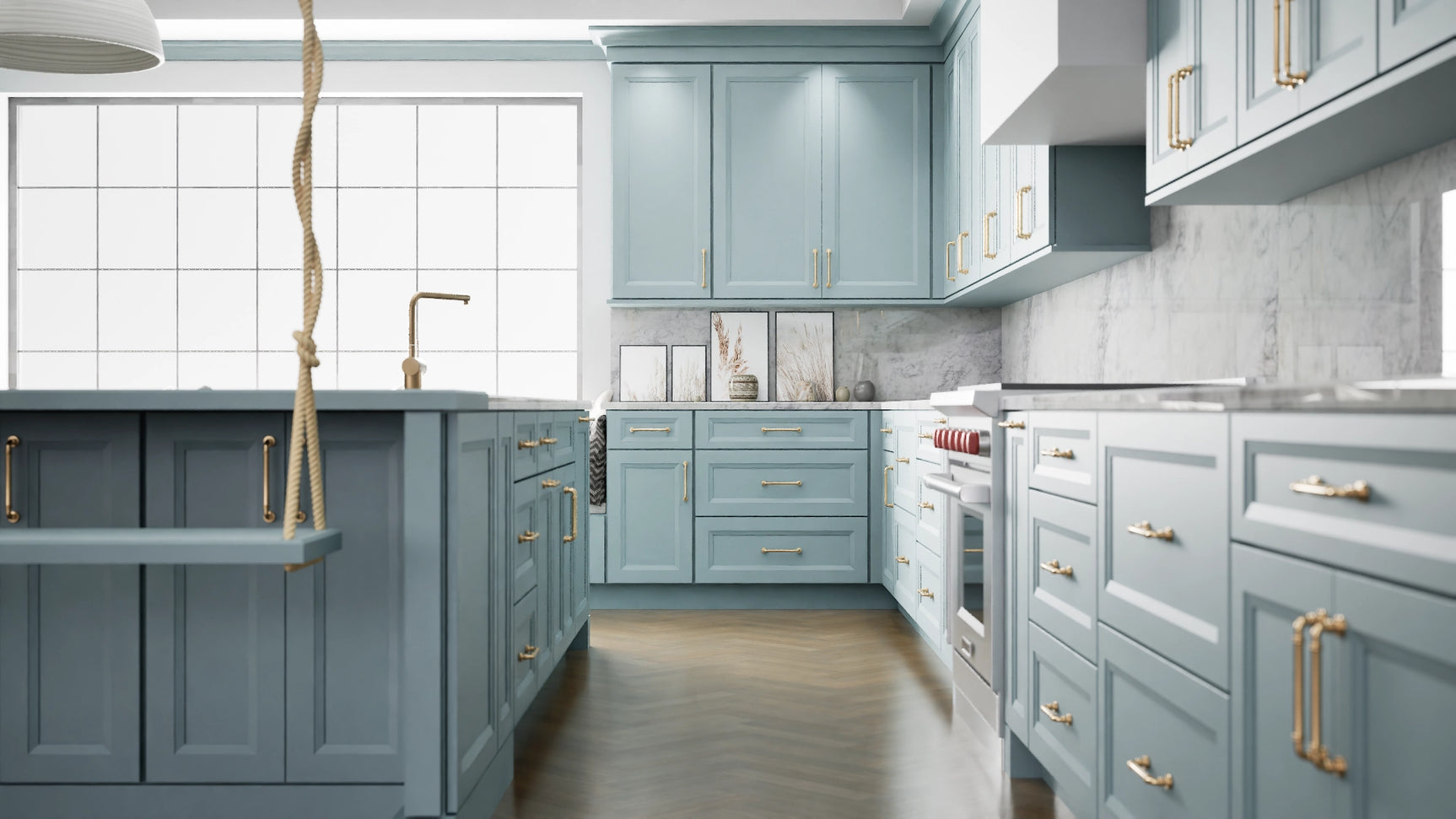 Sydney Mountain Stream ( Maple | Plain Cut [ Full Overlay • Satin • Painted ] - 10' X 10' Kitchen Cabinet ) | Assembled In USA