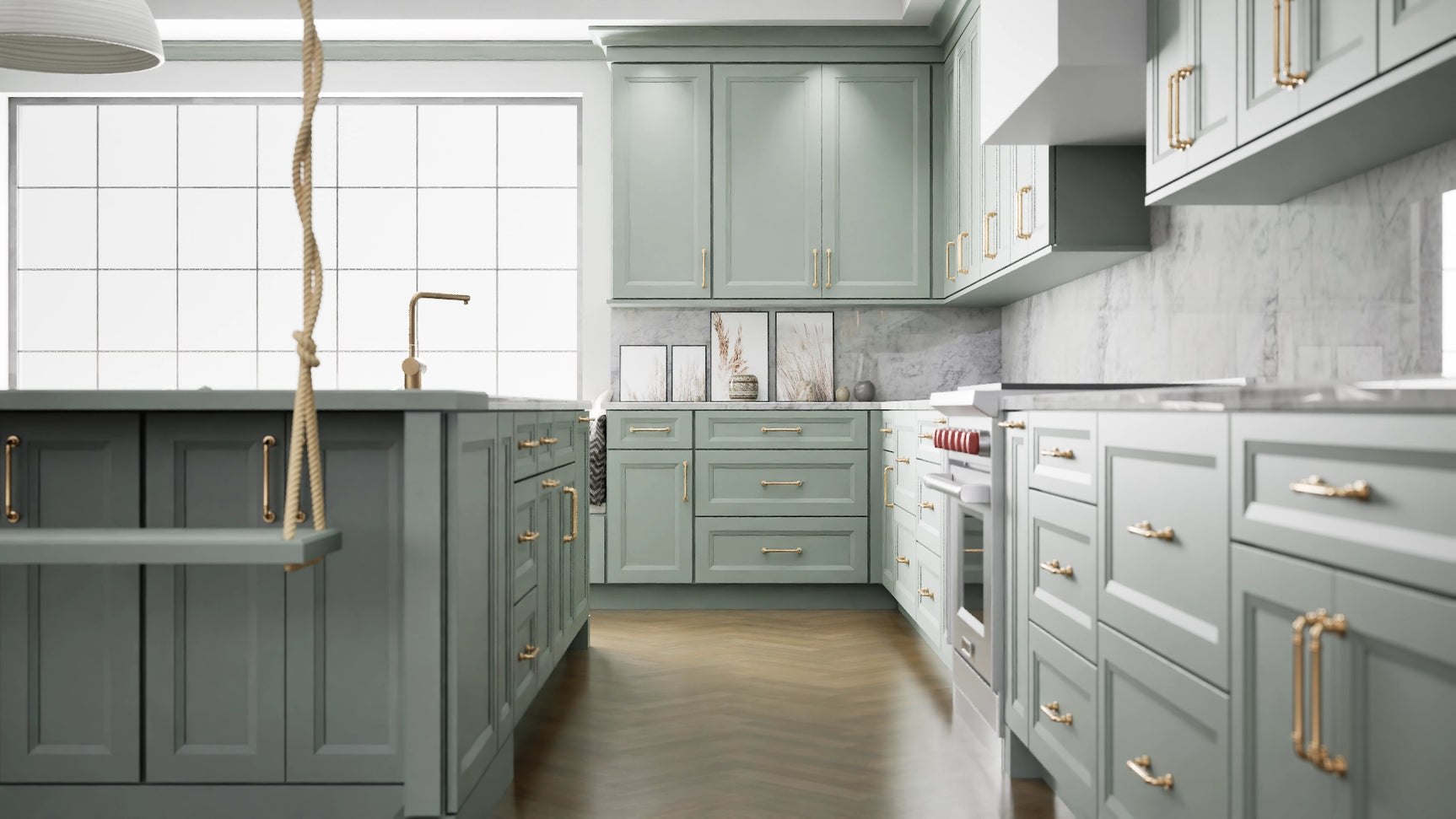 Sydney Sage ( Maple | Plain Cut [ Full Overlay • Satin • Painted ] - 10' X 10' Kitchen Cabinet ) | Assembled In USA