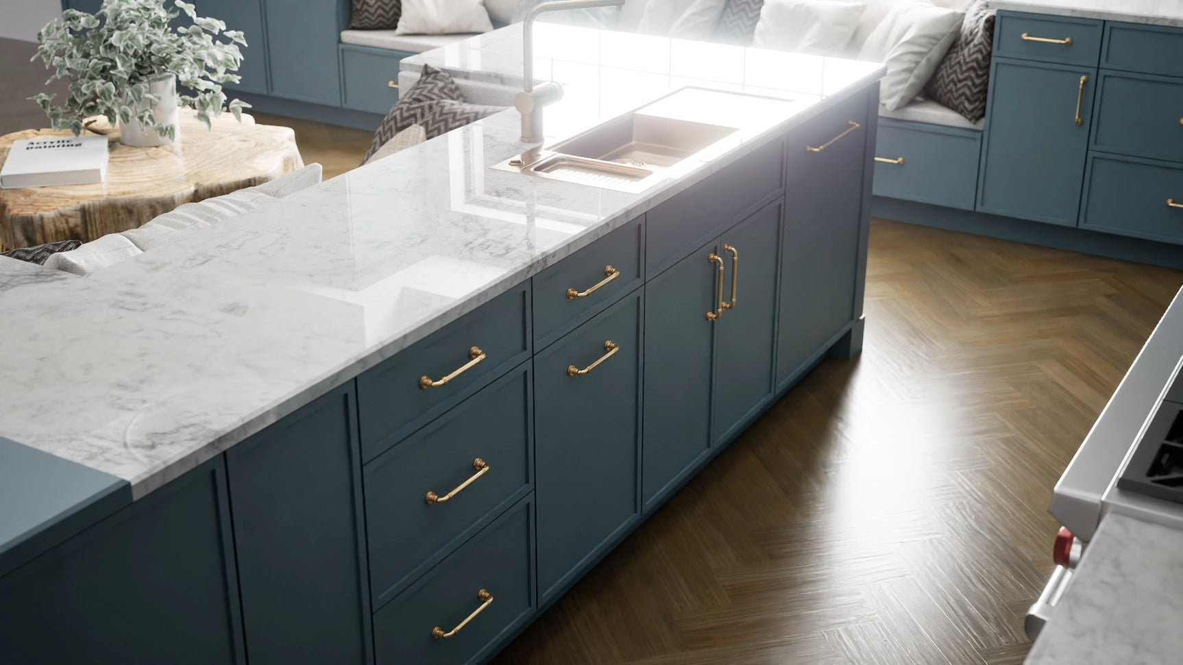 Versailles Adirondack Blue ( MDF | Compressed [ Frameless • Satin • Painted ] - 10' X 10' Kitchen Cabinet ) | Assembled In USA