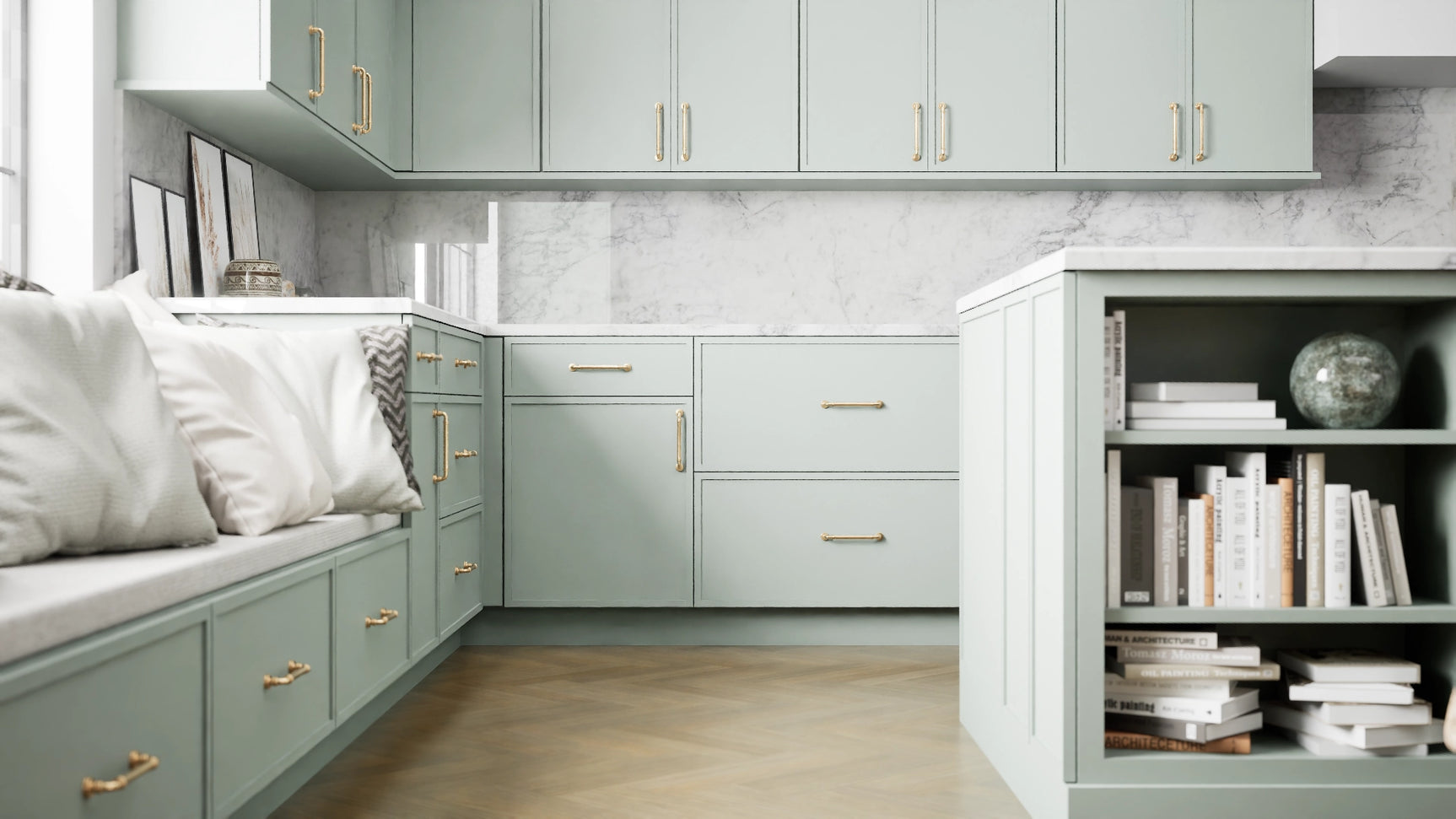 Versailles Sage ( MDF | Compressed [ Frameless • Satin • Painted ] - 10' X 10' Kitchen Cabinet ) | Assembled In USA