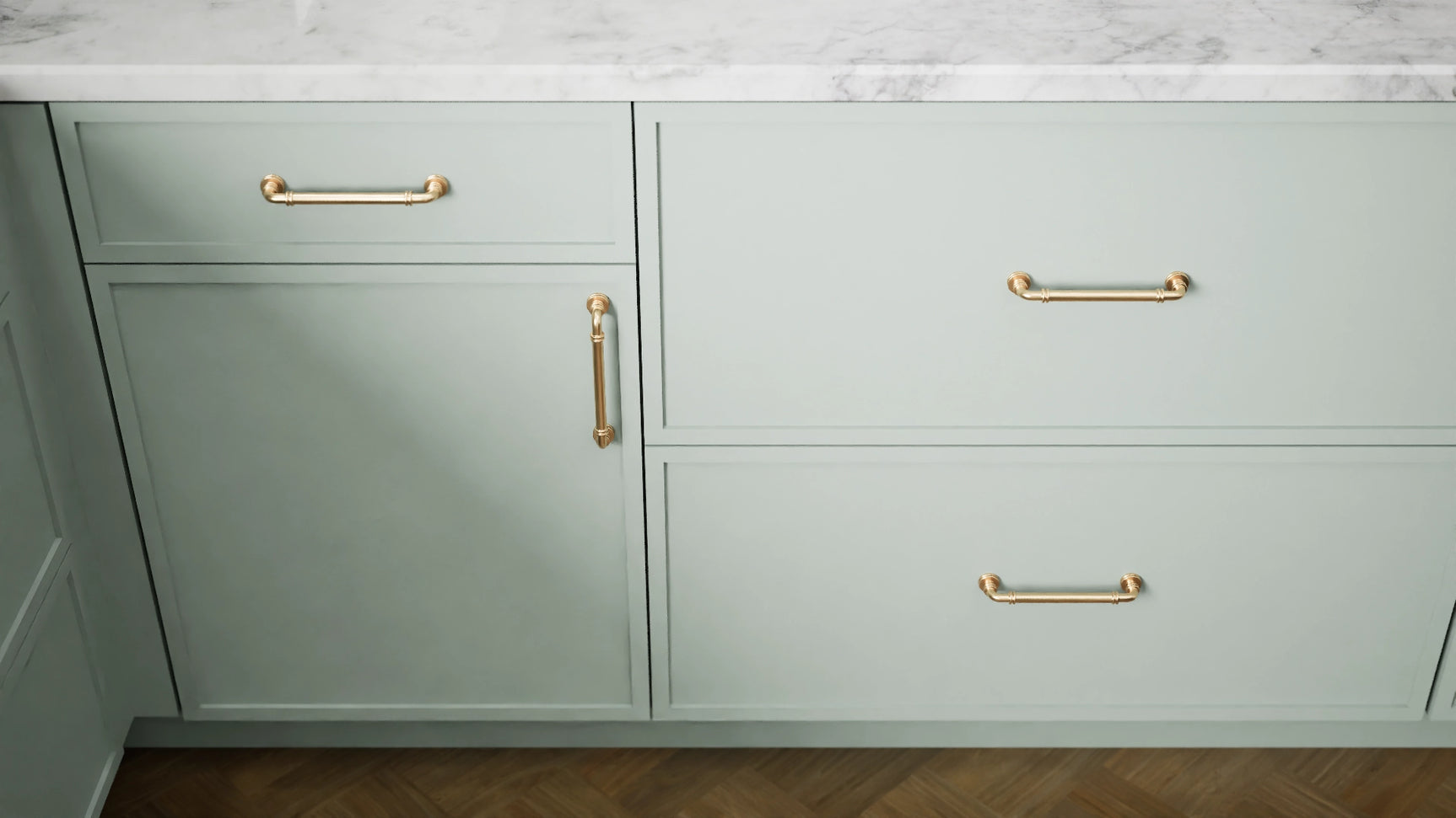 Versailles Sage ( MDF | Compressed [ Frameless • Satin • Painted ] - 10' X 10' Kitchen Cabinet ) | Assembled In USA