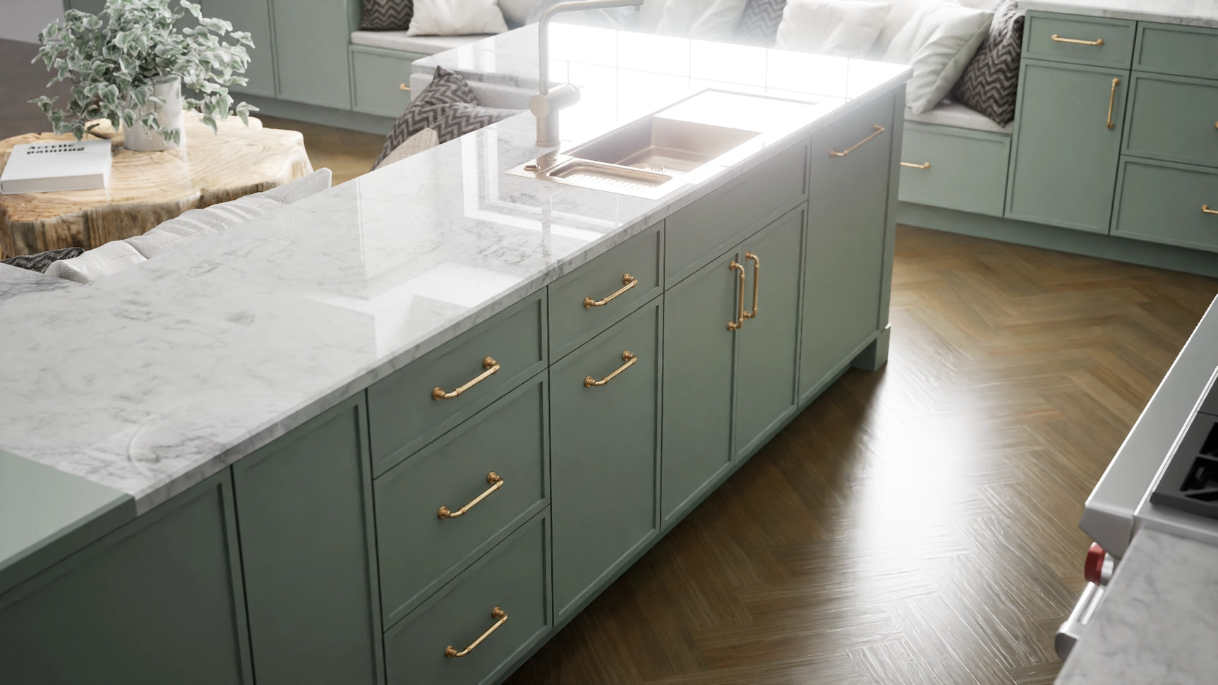 Versailles Sage ( MDF | Compressed [ Frameless • Satin • Painted ] - 10' X 10' Kitchen Cabinet ) | Assembled In USA