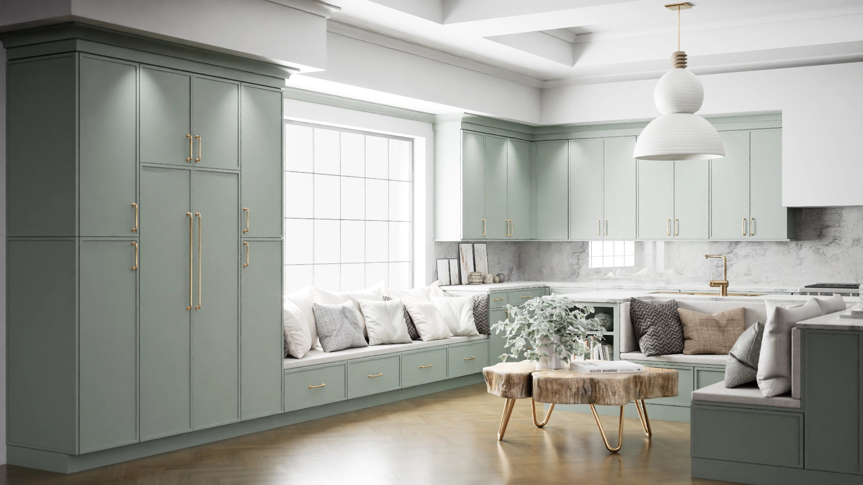 Versailles Sage ( MDF | Compressed [ Frameless • Satin • Painted ] - 10' X 10' Kitchen Cabinet ) | Assembled In USA