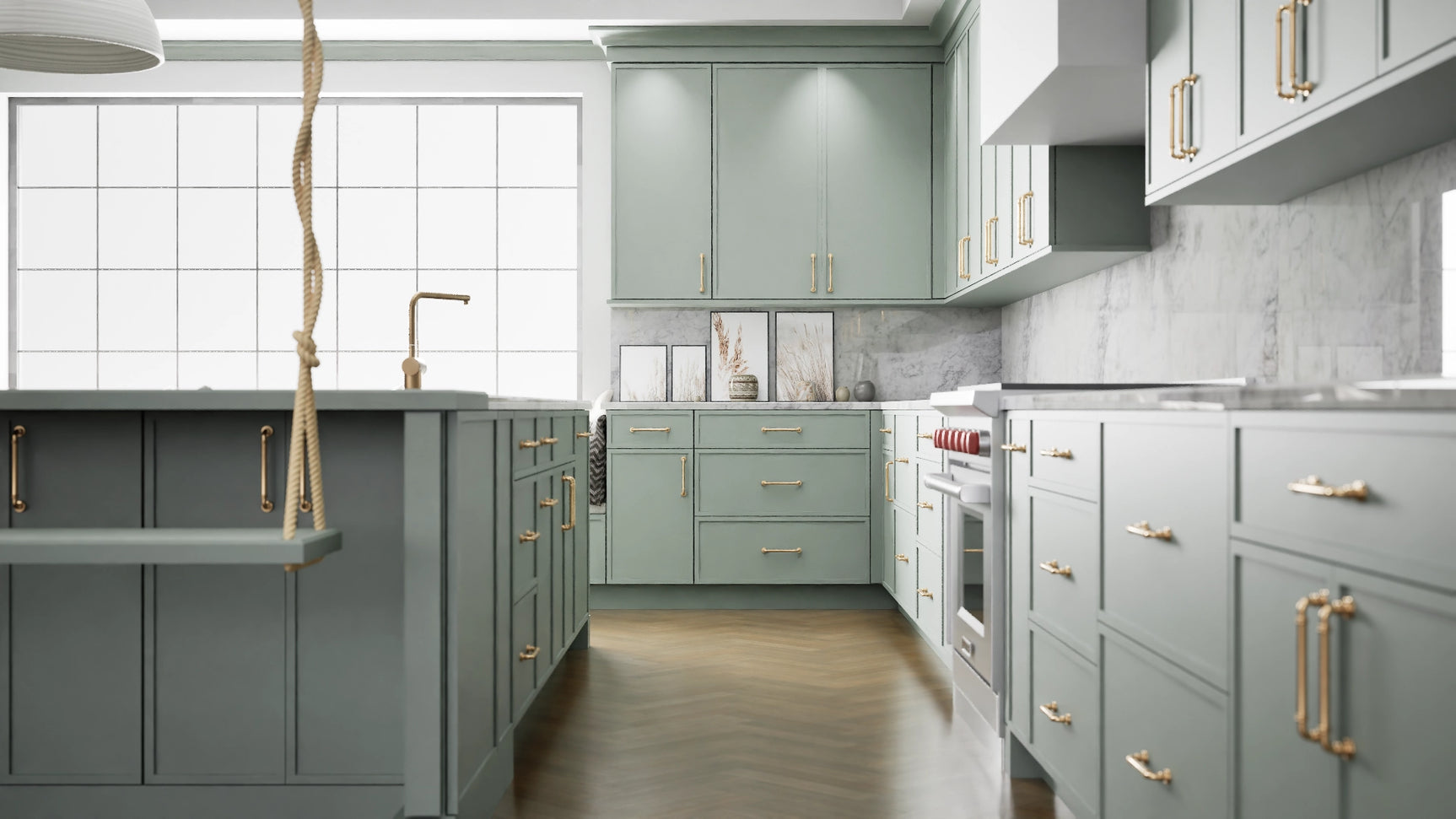 Versailles Sage ( MDF | Compressed [ Frameless • Satin • Painted ] - 10' X 10' Kitchen Cabinet ) | Assembled In USA