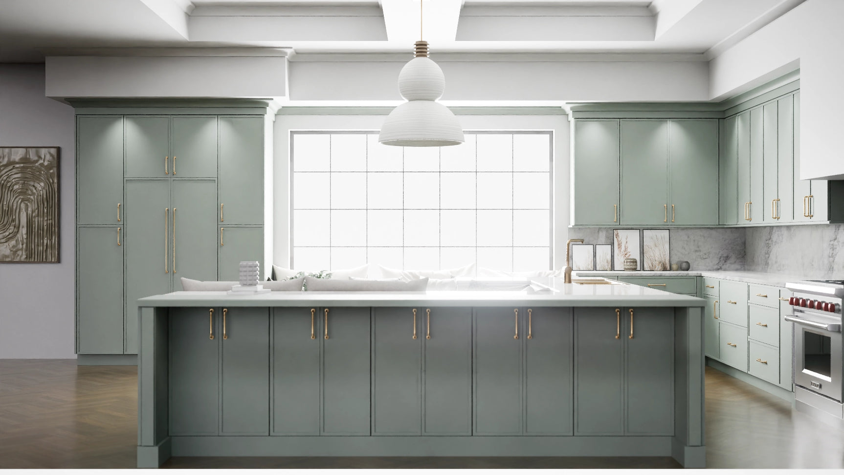Versailles Sage ( MDF | Compressed [ Frameless • Satin • Painted ] - 10' X 10' Kitchen Cabinet ) | Assembled In USA