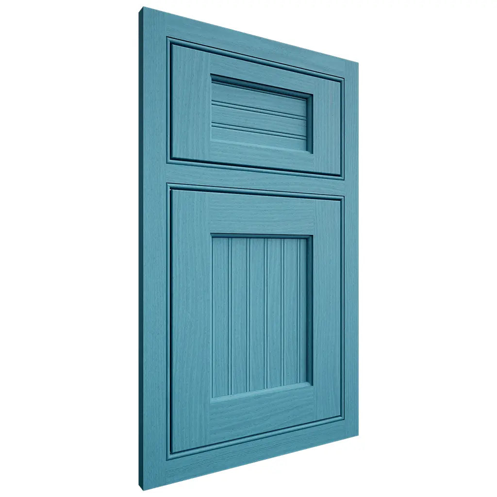 Shiloh Cabinetry Beaded Inset Beaded Century White Oak Plain Cut Aqua Door
